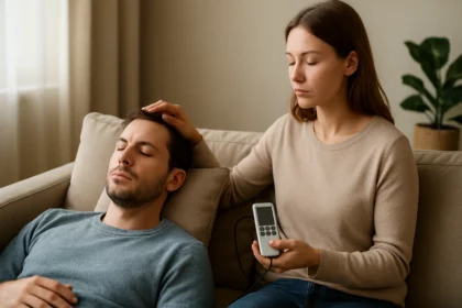 Žena vykonáva zvukovú terapiu na muža s použitím prístroja na frekvenciu 128 Hz.