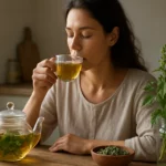 Žena vychutnávajúca čaj z hluchavky srdcovitej v kuchyni