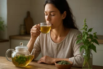 Žena vychutnávajúca čaj z hluchavky srdcovitej v kuchyni