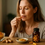 Žena užívajúca kapsuly kurkumy a kolagénu pre zdravie