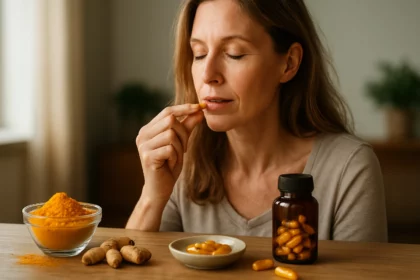 Žena užívajúca kapsuly kurkumy a kolagénu pre zdravie