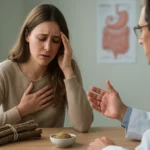 Žena s ťažkosťami počas konzultácie s lekárom o sladkom drievku