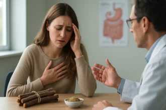 Žena s ťažkosťami počas konzultácie s lekárom o sladkom drievku