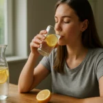 Mladá žena pije citrónovú vodu z pohára, vedľa je karafa s citrónmi.