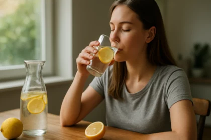 Mladá žena pije citrónovú vodu z pohára, vedľa je karafa s citrónmi.