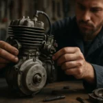 Mechanik pracuje na dvojtaktnom motore v dielni