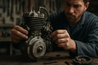 Mechanik pracuje na dvojtaktnom motore v dielni