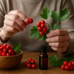 Ruky držící plody hlohu ohnivého a listy na dřevěném stole.