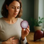 Žena drží krúžok cibule a premýšľa o zdraví pečene.