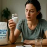 Žena skúma síran horečnatý v sklenenej nádobe a taške.