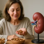 Žena s orechmi a modelom obličiek na stole