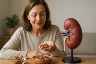 Žena s orechmi a modelom obličiek na stole