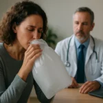 Žena dýcha do plastového vrecka počas lekárskej konzultácie.