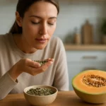 Žena s melónovými semienkami vedľa rozkrojeného melóna.