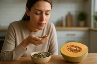 Žena s melónovými semienkami vedľa rozkrojeného melóna.