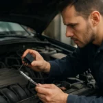 Mechanik kontroluje relé palivového čerpadla v automobile