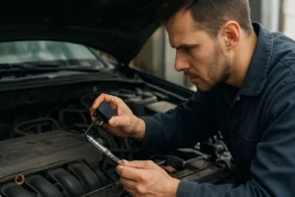 Mechanik kontroluje relé palivového čerpadla v automobile