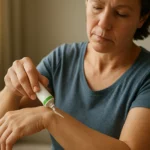 Žena aplikuje krém Aldara na ruku pre liečbu pokožky