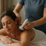 Žena na ultrazvukovej masáži, zlepšujúca zdravie a pohodu.