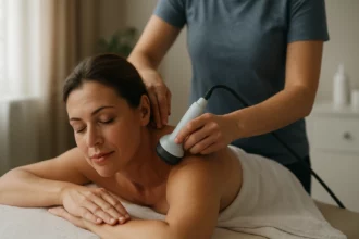 Žena na ultrazvukovej masáži, zlepšujúca zdravie a pohodu.