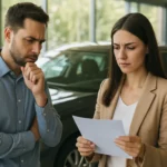 Pár diskutuje o výhodách a nevýhodách kúpy auta v predajni.