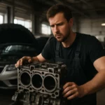 Mechanik kontroluje trojvalcový motor v auto servise.