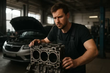 Mechanik kontroluje trojvalcový motor v auto servise.