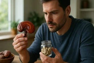 Muž skúma lesklokôrovku obyčajnú a orechy v sklenenej nádobe