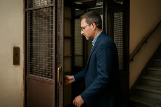 Osoba vstupujúca do historického paternoster výťahu