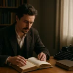 Muž čítajúci knihu o literárnom dedičstve Sándora Petőfiho.