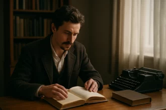 Muž čítajúci knihu o literárnom dedičstve Sándora Petőfiho.