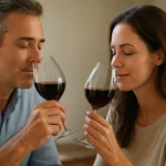 Pár vychutnávajúci červené víno, spojenie zdravia a pôžitku.