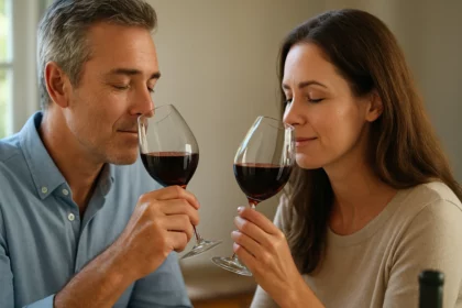 Pár vychutnávajúci červené víno, spojenie zdravia a pôžitku.