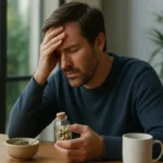 Muž trpiaci stresom s bylinkami na stole