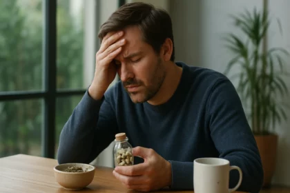 Muž trpiaci stresom s bylinkami na stole