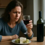 Žena s pohárom červeného vína a syrom, zamyslená a znepokojená