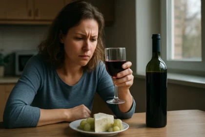 Žena s pohárom červeného vína a syrom, zamyslená a znepokojená