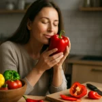 Žena s červenou paprikou v kuchyni, obklopená zeleninou.
