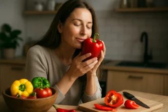 Žena s červenou paprikou v kuchyni, obklopená zeleninou.