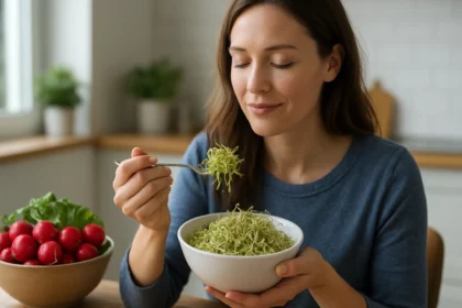 Žena vychutnáva reďkovkové klíčky z misky s úsmevom.