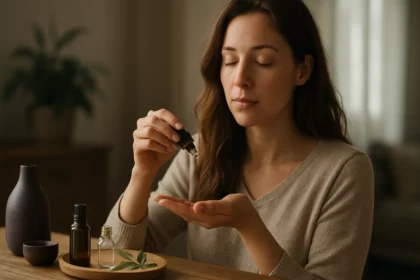 Žena používajúca esenciálne oleje pre zdravie a relaxáciu.
