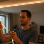 Muž inštaluje LED pásiky v obývacej izbe.