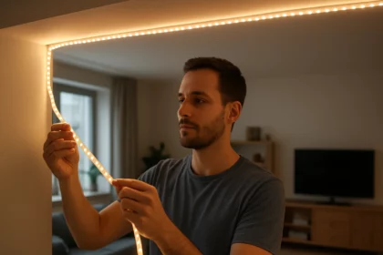 Muž inštaluje LED pásiky v obývacej izbe.