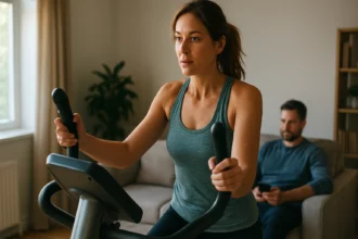 Žena cviči na eliptickom trenažéri doma, muž oddychuje na pohovke.