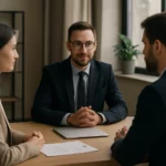 Profesionálny náborový pohovor s headhunterom a uchádzačom o zamestnanie.