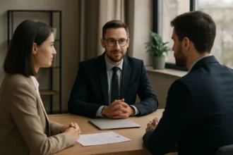 Profesionálny náborový pohovor s headhunterom a uchádzačom o zamestnanie.