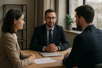 Profesionálny náborový pohovor s headhunterom a uchádzačom o zamestnanie.