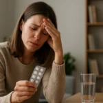 Žena so stresom, drží lieky v ruke a premýšľa o účinkoch pantoponu.