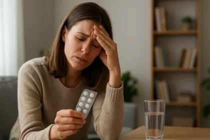 Žena so stresom, drží lieky v ruke a premýšľa o účinkoch pantoponu.