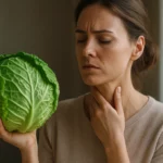 Žena drži kapustu a dotýka sa krku, symbolizujúca starostlivosť o štítnu žľazu.